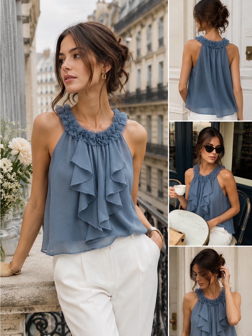 MM Couture Blue Ruffle Halter Blouse Size Medium Romantic Coquette Top